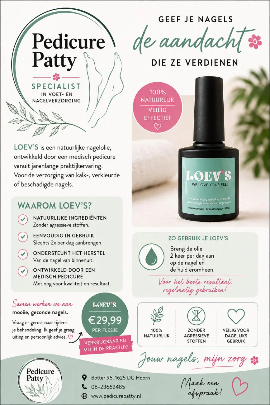 Loev&rsquo;s natuurlijke nagelolie, nieuw in de praktijk bij Pedicure Patty